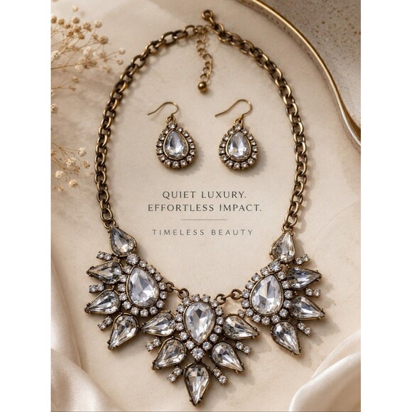 Source Unknown Jewelry - Glam Crystal Statement Necklace Set Gold Tone Bib Necklace Earrings Bridalcore